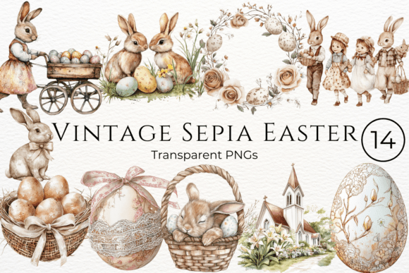 Download Vintage Sepia Easter Watercolor Cliparts - Clipart Collection